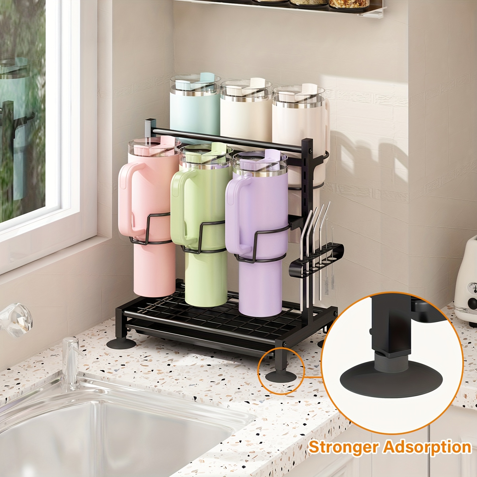 TEMU [ Storage] Adjustable 40oz Cup And Water Bottle Holder Rack - Space-saving Metal Kitchen Organizer With Pull-out Shelves, Dual Compartments For Easy To Beverage Storage, Utility Racks