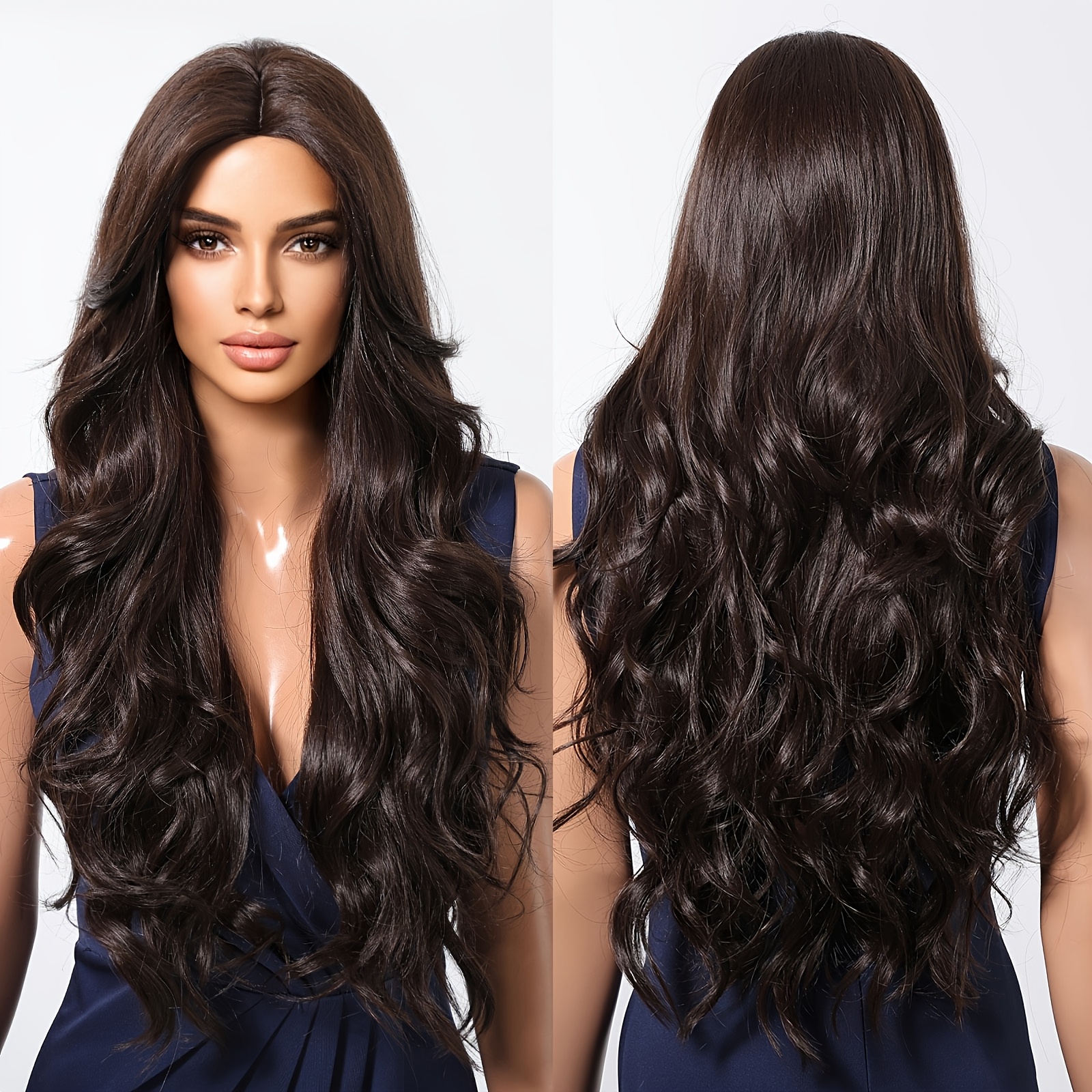 Elegant Long Brown Wig With Highlights | 150% Density Curly Waves | Cap | Versatile Casual Attire - High-temperature Matte Synthetic Fiber For Natural Look