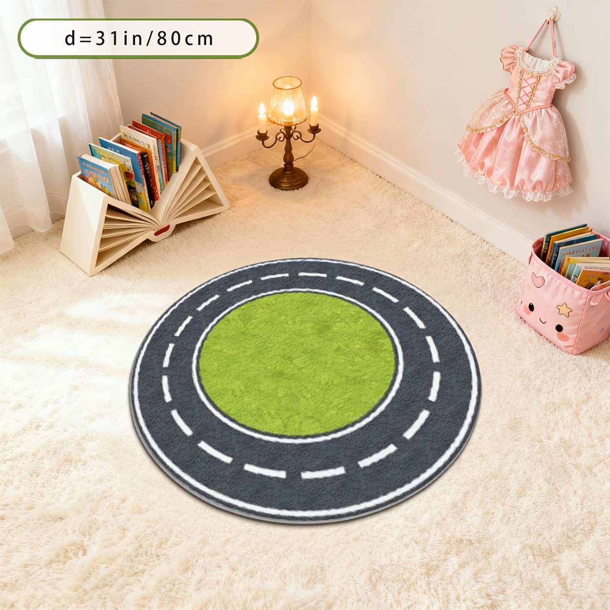 TEMU [ Product] Rug, 2d Flat Printing Dark Green And Gray Double Pattern Round Carpet, Cartoon Home , Room Printed Study Floor Mat, Suitable For