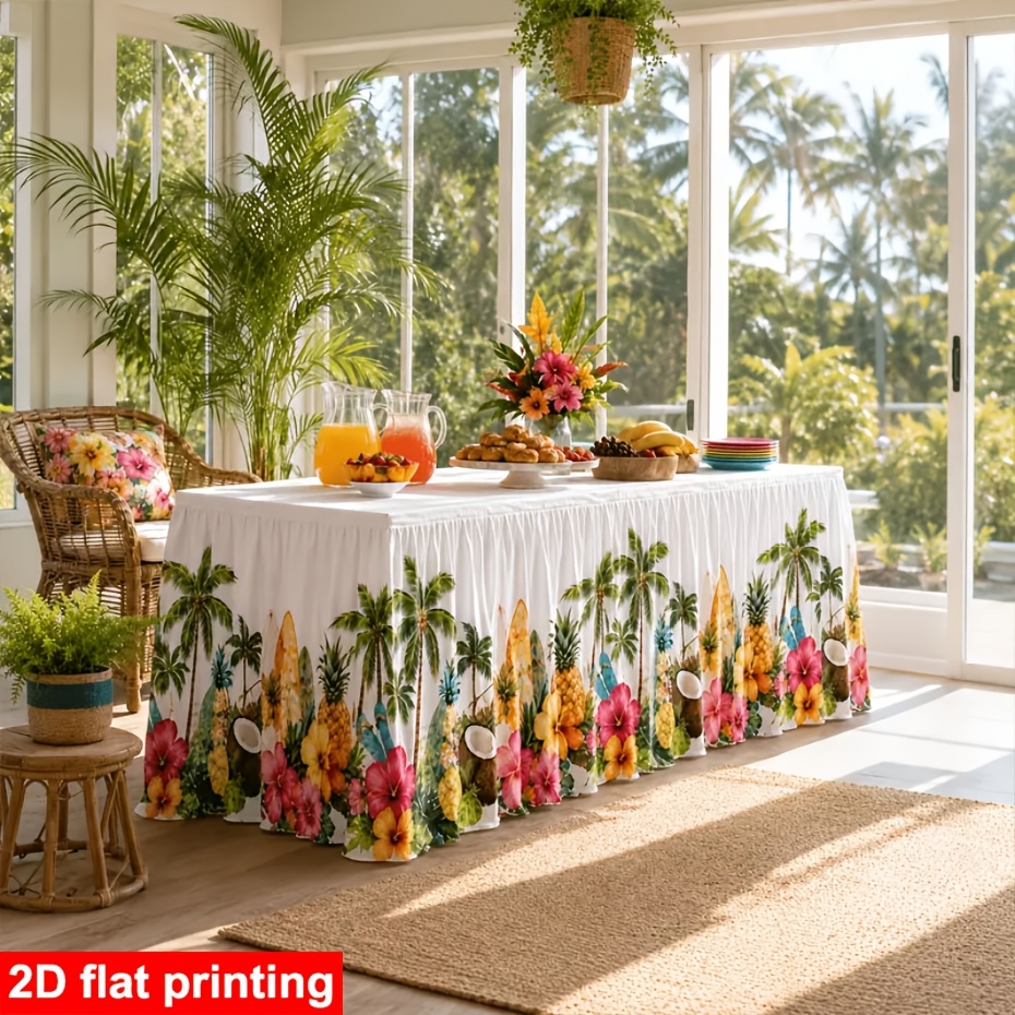 TEMU 1pc Tropical Hawaiian Table Skirt, Palm Tree Pineapple Hibiscus Floral Print Table Skirt, Summer Luau Party Decoration, Suitable For Beach Pool