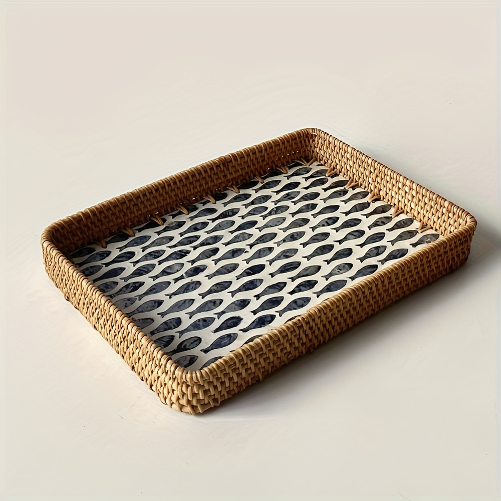 1pc Rattan Serving Tray Set With Fish Pattern - Decorative Rectangular Wicker Trays For Home, Kitchen, Coffee Table, Or Dining - High-quality Storage Basket Set Non-food Contact, Non-food Contact