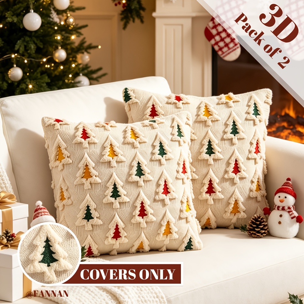 TEMU 2pcs 3d Colorful Christmas Tree Embroidered Plush Throw Pillow Covers 18x18 Inch Vintage Cute Minimalist Scandinavian Style Soft Covers For