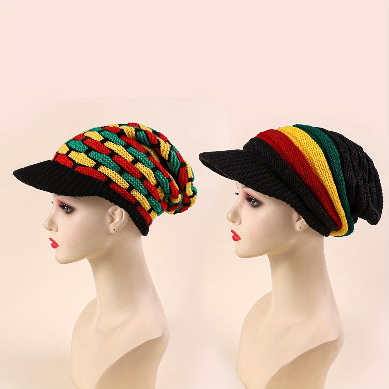 

de 2 Bonnets Jamaïcains Chauds , Bonnets Tricotés à Rayures Colorées et Arc-en-