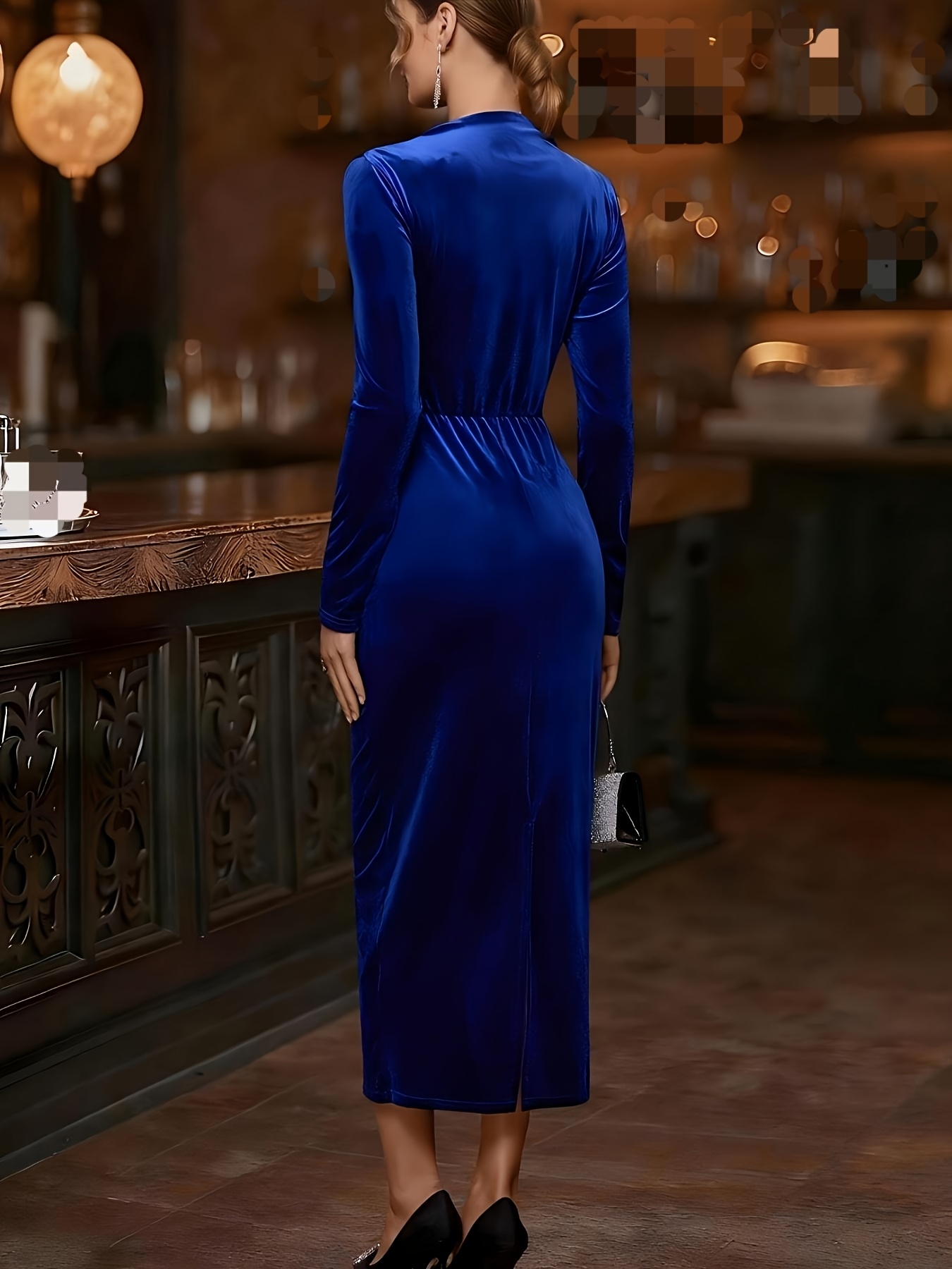 knee length dresses for ladies Sheath/Column V-Neck Long Sleeves Velvet Ruched Evening Dresses with S main image 1
