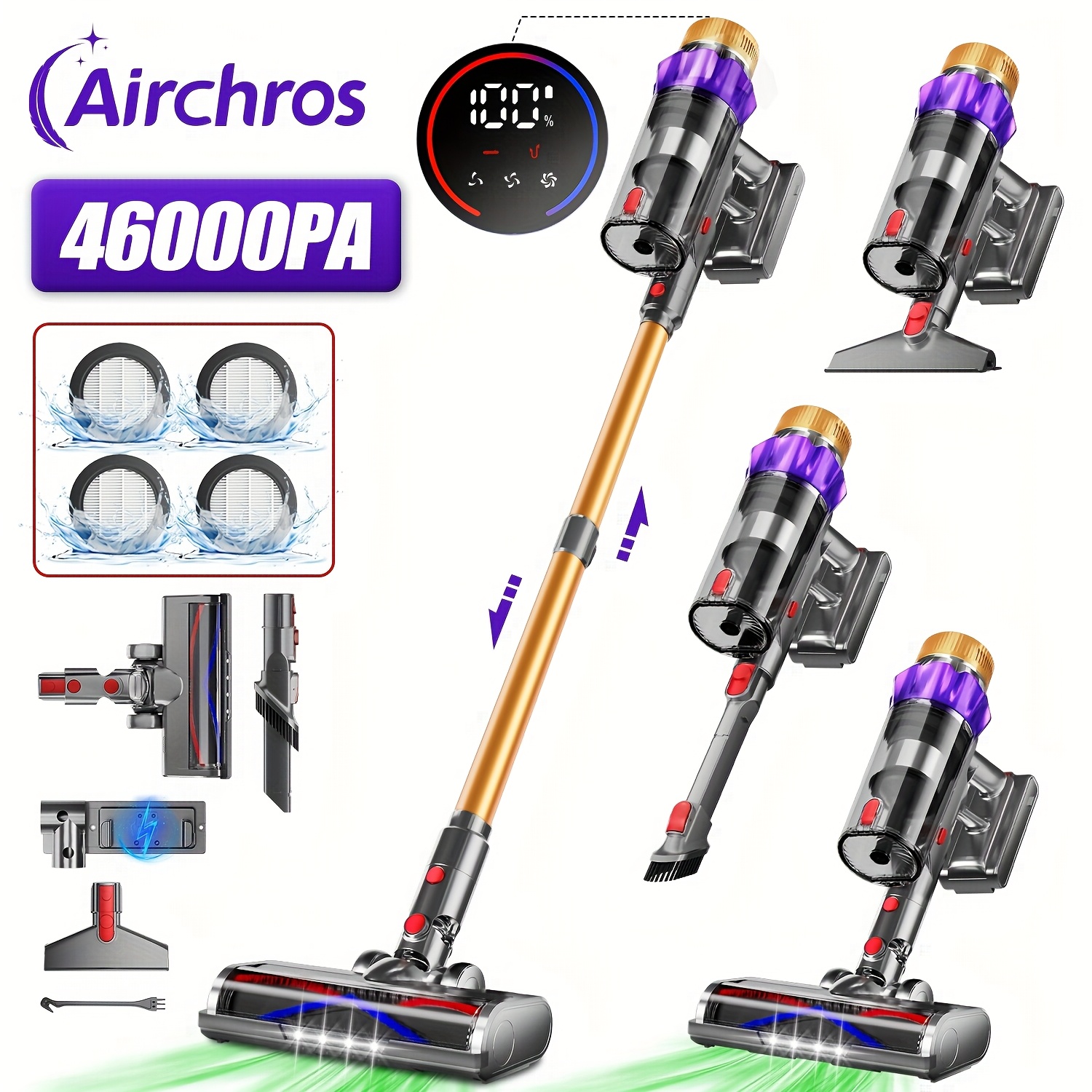 Airchros Snoerloze Stofzuiger, 38000pa/46000Pa Zuigkracht, LED Display