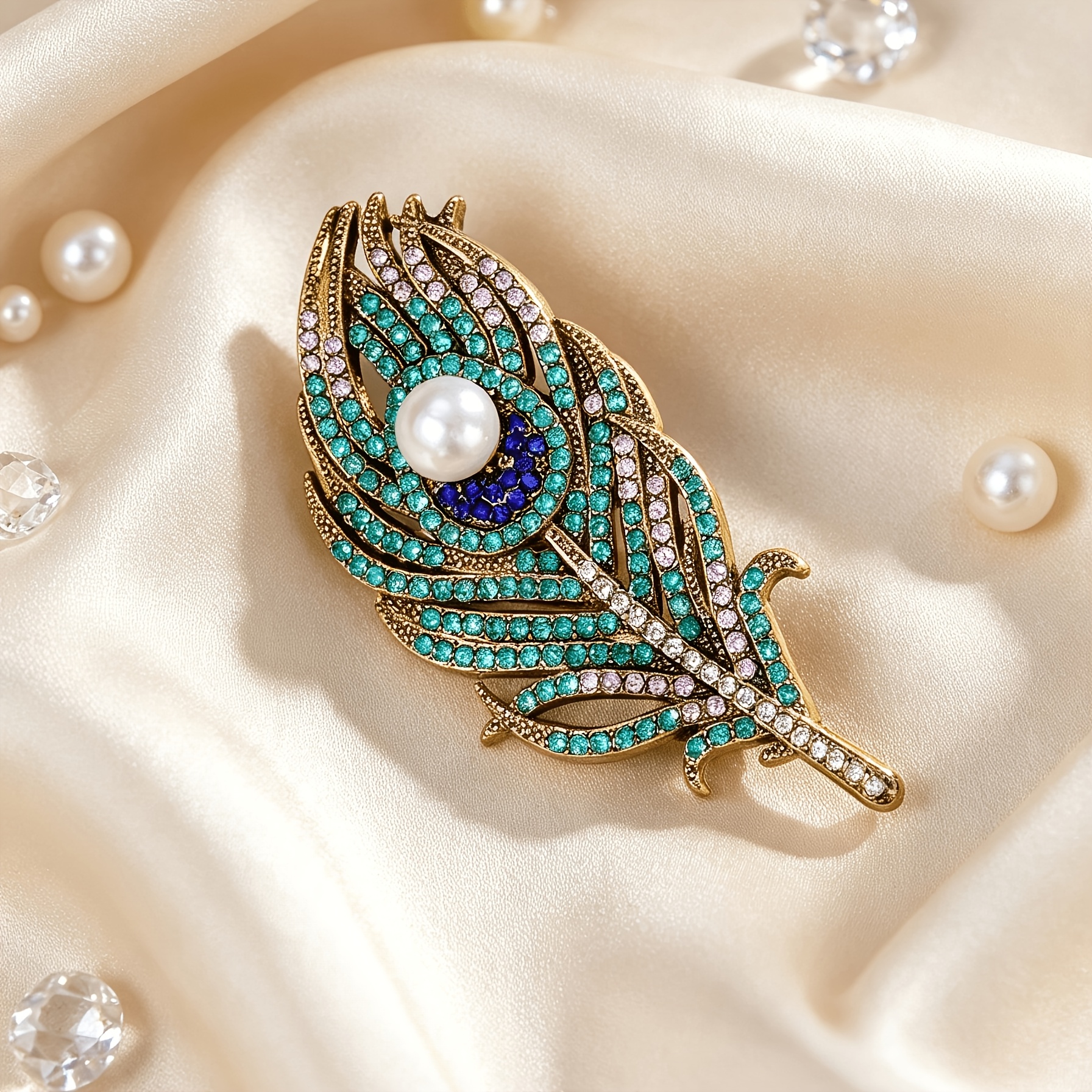 TEMU Broche de pluma de real de 1 pieza, color vintage, con incrustaciones , de estilo y lujoso. Es un alfiler decorativo para trajes y abrigos, un