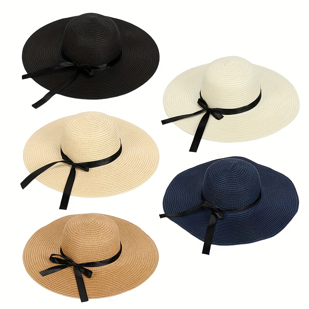 Gran Sombrero Elegante Ala Ancha Sombrero Paja Plegable Lazo - Temu