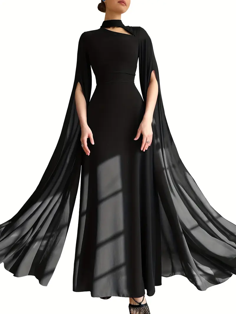 Elegant Evening Long Dress with Cape Sleeves & Lace-Up Back