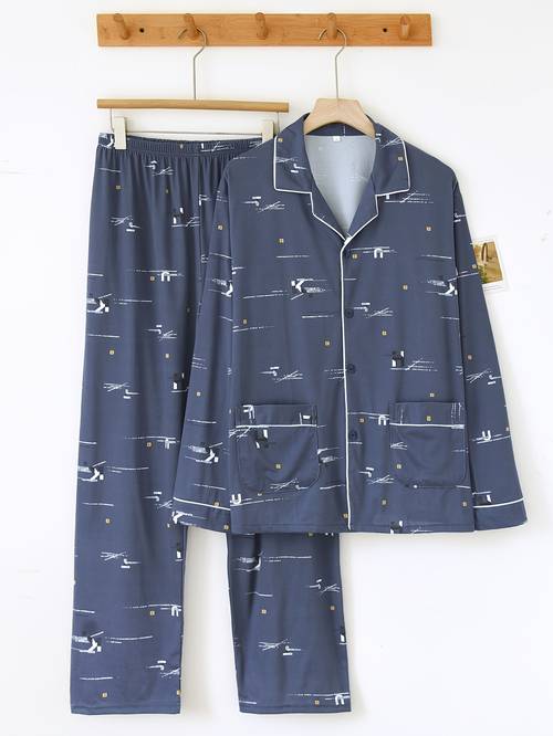 2pcs set for men long sleeve and pants pajamas fashionable loungewear outfit collared top and trousers comfortable casual sleepwear for indoor and outdoor