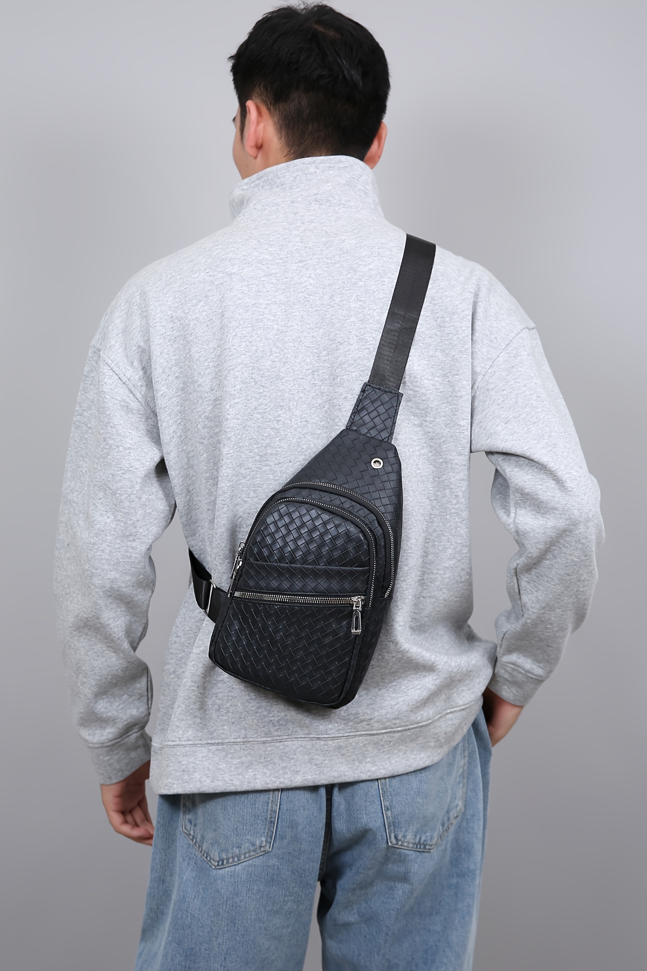 Sac de Poitrine Homme — Tressé Cuir PU Multicompartiments Sac de poitrine pour homme, sac bandoulière en PU pour homme, sac à bandoulière décontracté multi-compartiments, sac à dos léger pour les trajets quotidiens