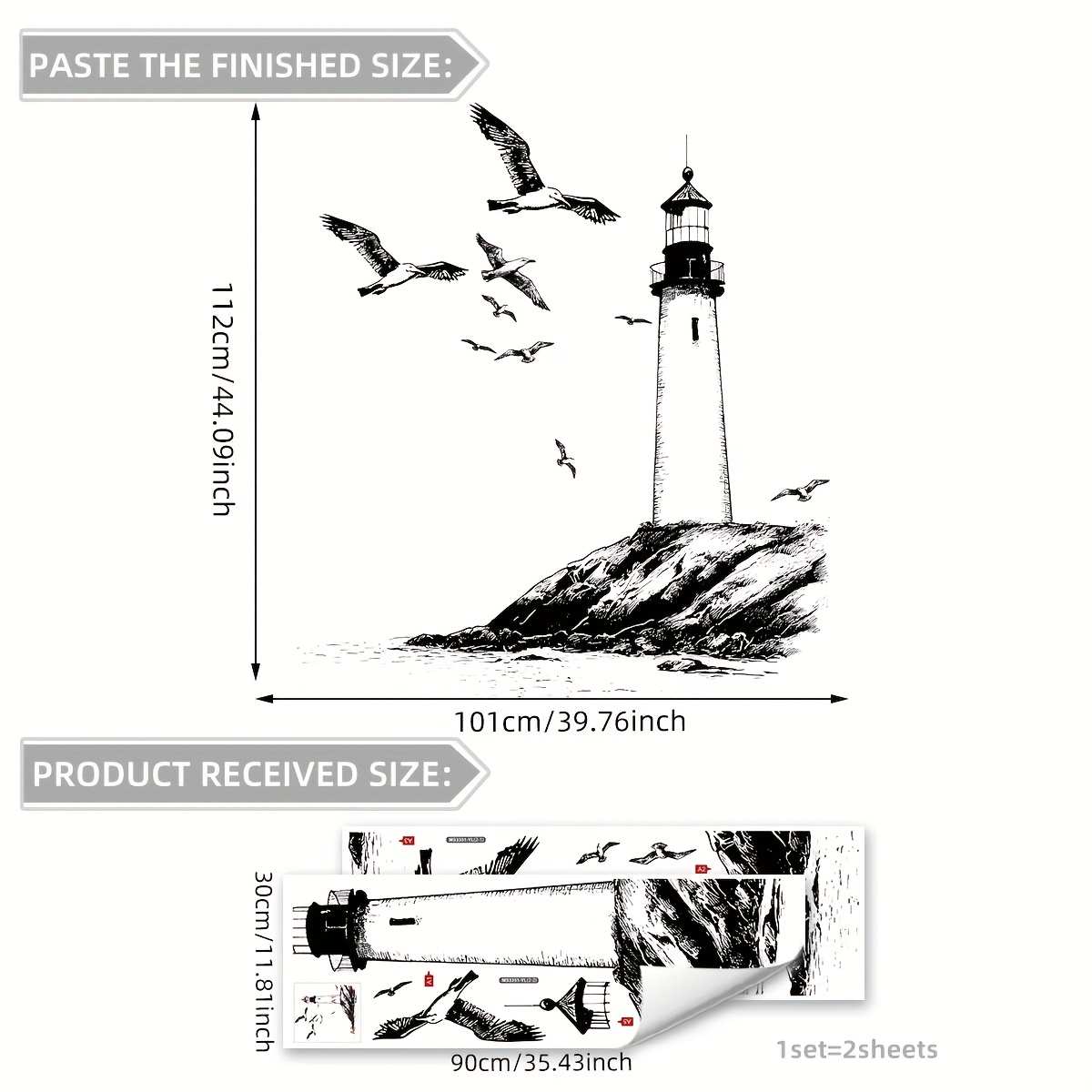 Image of A Set Of 2 (30*90cm*2pcs) Minimalist Lighthouse Flying Bird Art Wall Stickers Living Room Bedroom Decoration Background Wall Stickers (ms3351-yl)