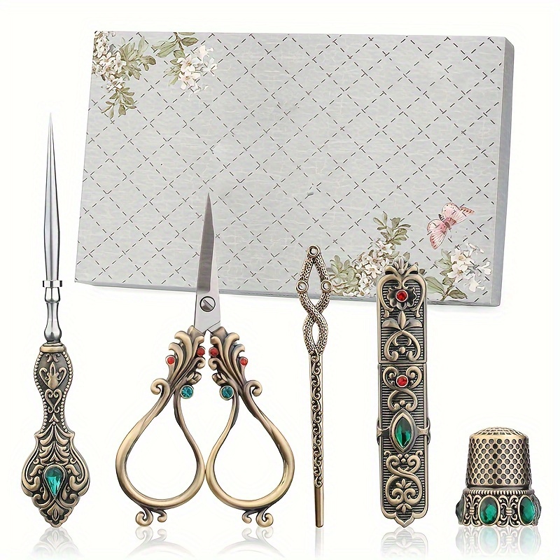 

European Antique Vintage Embroidery Scissors Set, Decorative Metal Craft Sewing Kit With Needle Box, Thimble, And Sewing Awl For Needlework