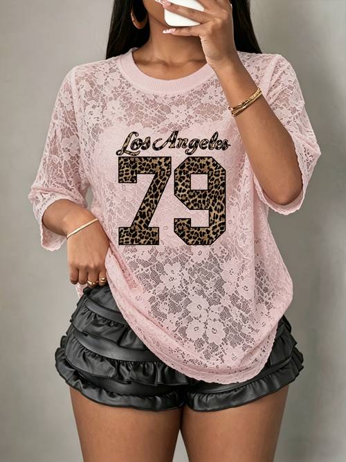 trendy spring summer sweatshirt preppy style round neck loose number print lace style womens t shirt