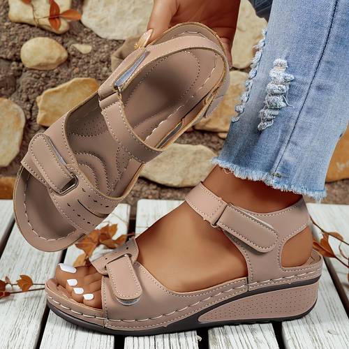 womens beige wedge sandals comfortable open toe platform shoes with adjustable ankle strap breathable perforated design casual summer fashion lace up sandals women shoes
