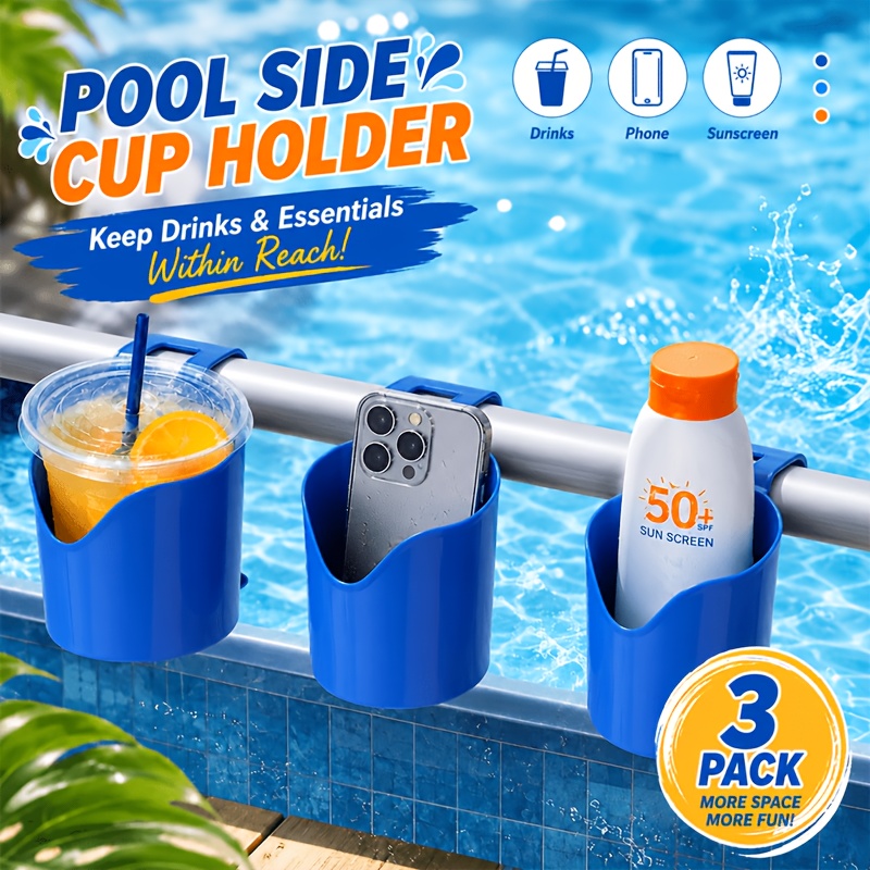 Image of 3 Pack Poolside Cup Holder Tray - No-drill Clip- Organizer For 2" Round Pole, Fits Above Ground Pools, Bath & Outdoor Storage For Phone, Keys & Sunscreen, Beverage Stand For Patio, Beach & Party