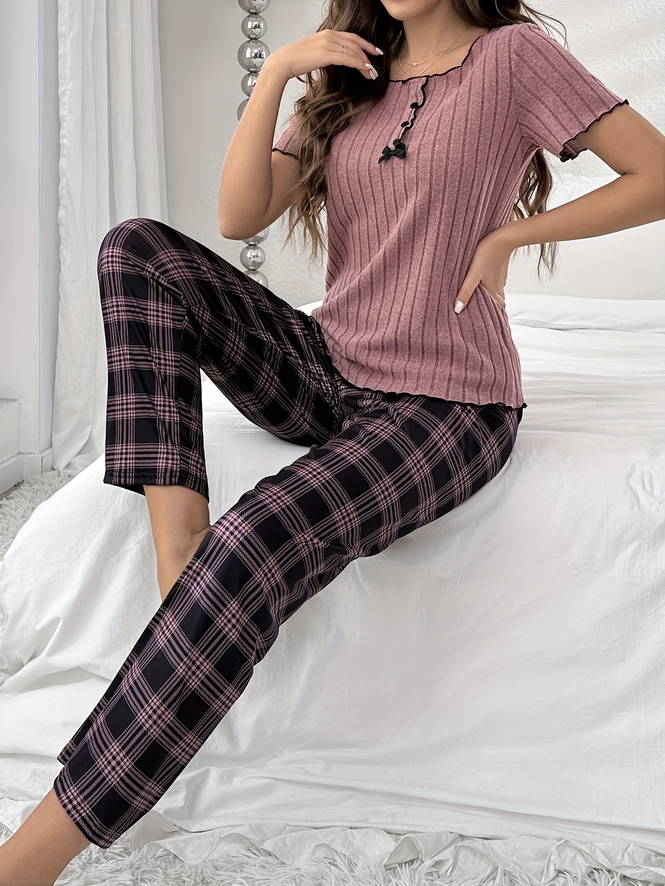 Casual Comfy Pajama Set Short Sleeve Round Neck Top Pajama - Temu
