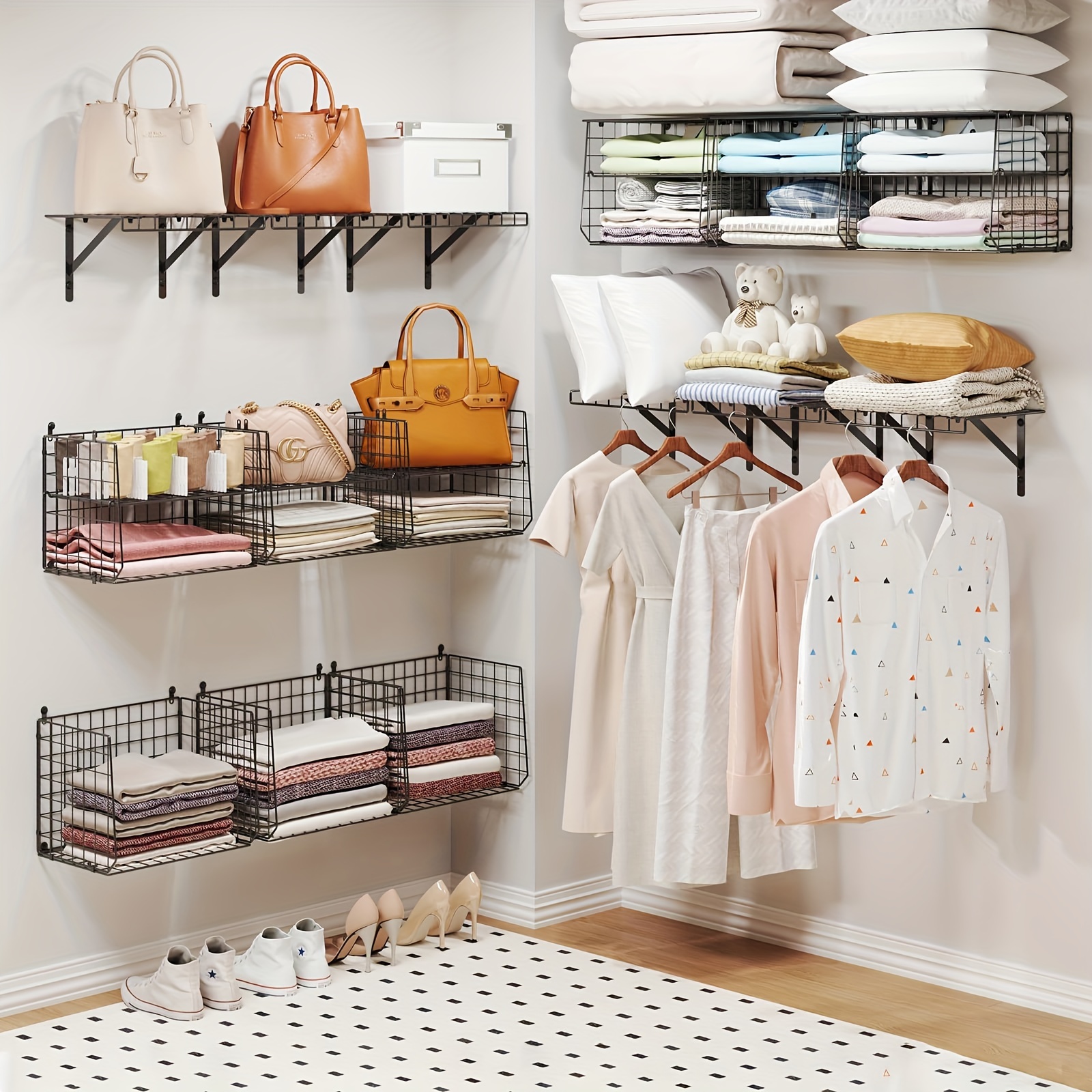 

Adjustable Wall-mounted Closet Organizers And Storage With 3-tier Baskets, 2 And Dividers, Laundry Room Shelves Over-the-washer And Dryer