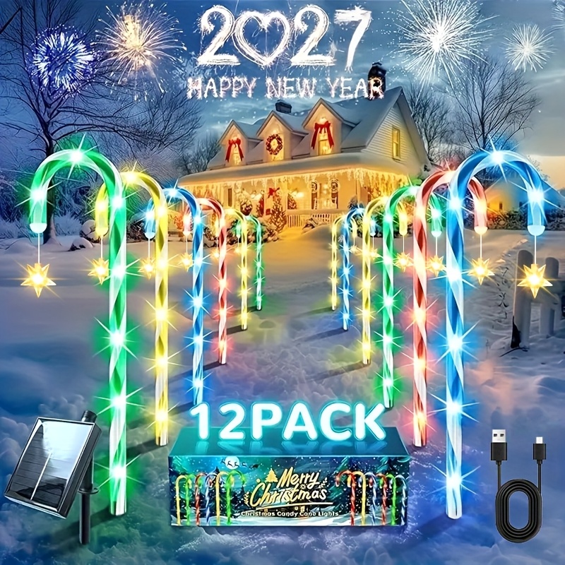 TEMU 12/24 Pack Solar Christmas Decorations Outdoor, 2026 Upgraded Candy Cane Pathway Stake Lights-ipx6 120 Led Colorful Solar Lights- Yard Garden