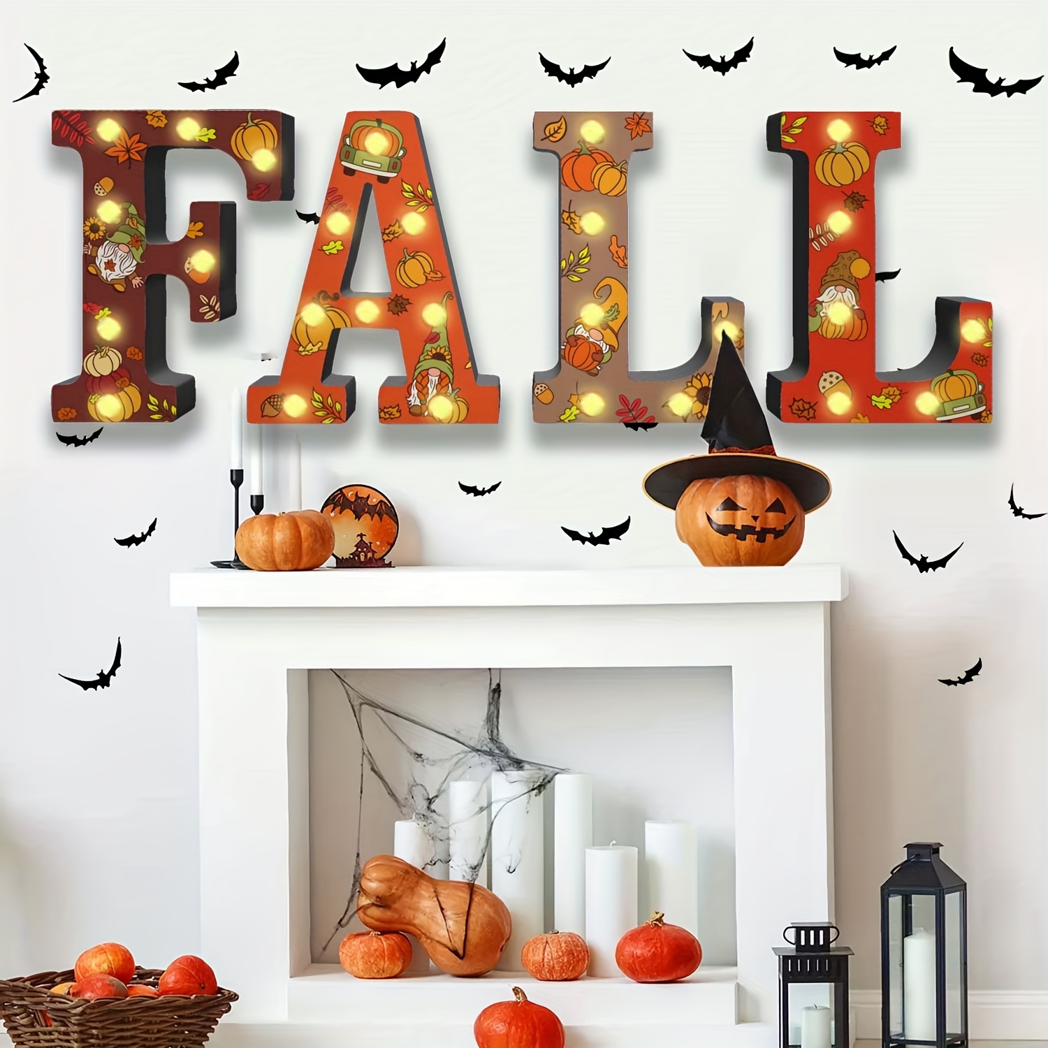 TEMU Christmas Fall Decorative Sign Set With Led Lights, 4pcs Seasonal Letter Wall Art For Halloween, Home, Kitchen, Outdoor, Party Supplies - Plastic, Aa Powered, No Included