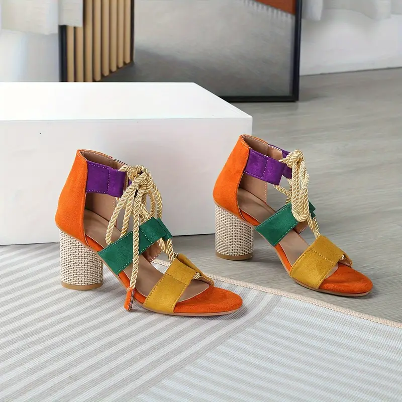 womens colorblock stylish sandals lace out versatile chunky heels breathable summer shoes details 2
