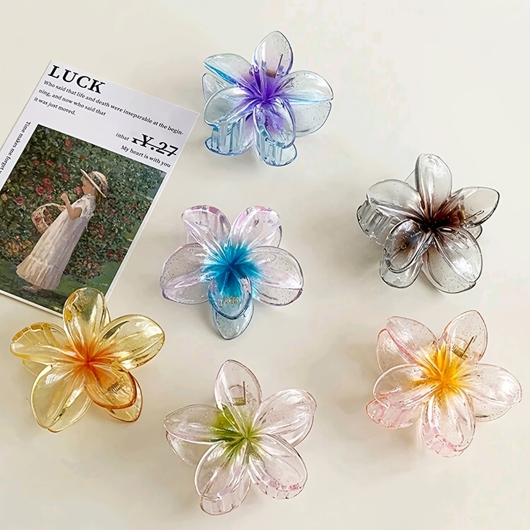 

6pcs Mixed Color Acrylic Floral Hair Clips, Flower Grips, Elegant Shark Clip Headpieces For Beach Vacation