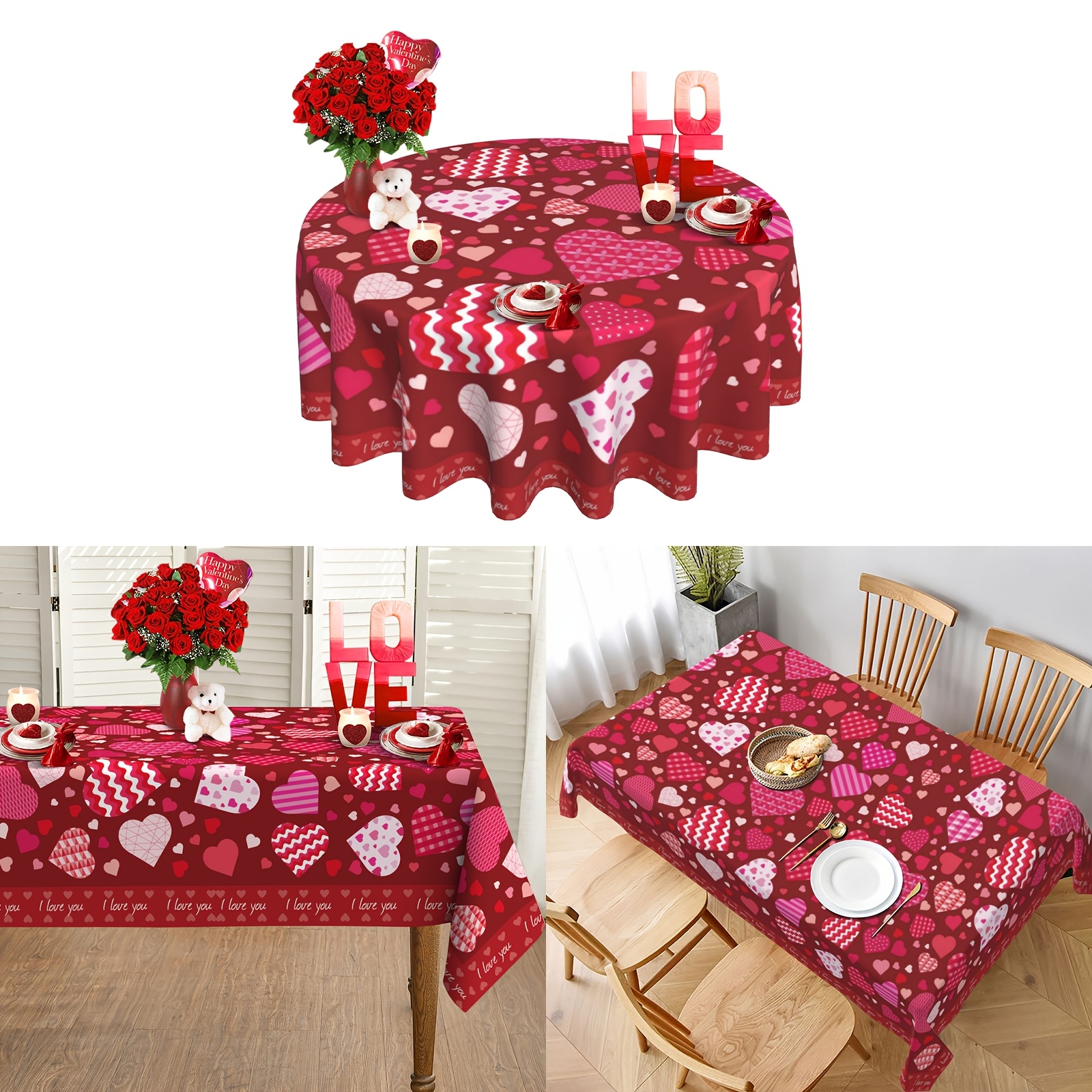 

Valentine's Day Love Heart Tablecloth - Polyester, Round Romantic Table Cover For Home, Kitchen, Dining & Picnic Decor, Gift