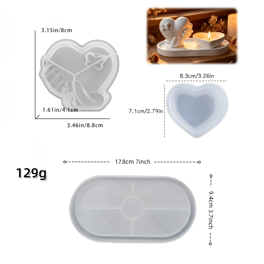 TEMU Set di 3 Stampi in Argilla Fai da Te, che Si Tengono, Ornamenti a Cuore con , Candele d'Amore, Ciotole, Vassoi Ovali, Set di Stampi in Silicone,