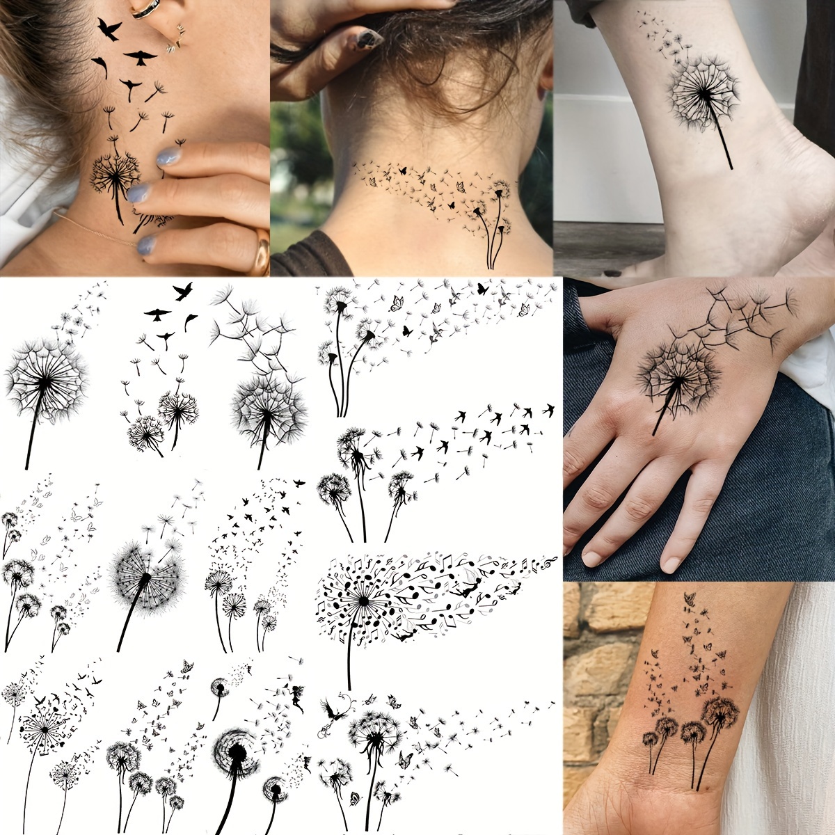 

intricate Floral" 13-piece Realistic Black Dandelion Temporary Tattoos For Women & Girls - Waterproof, Long-lasting Body Art Stickers For Arms, Neck, Legs & More