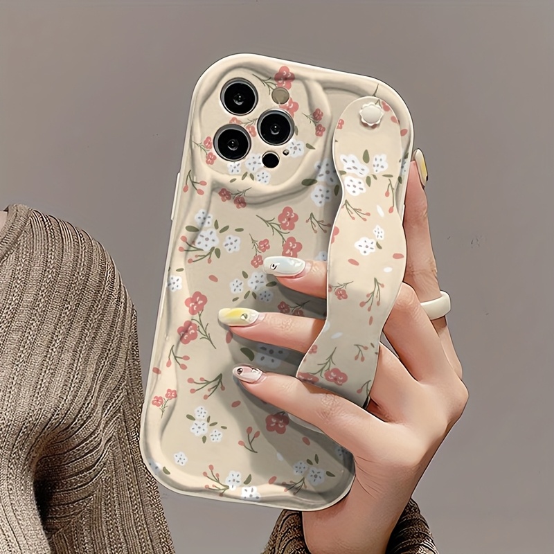 TEMU Phone Case: A Phone Case With A Wrist Strap Holder, Featuring An Autumn-winter Pastoral Branch And Leaf Floral Print On A Creamy Case. Uniquely