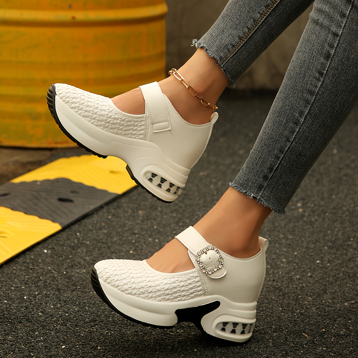 Women's Rhinestone-Adorned Platform Wedge Sneakers - White Faux Cover Slip-Resistant Thick Sole, Comfortable Height-Increasing Shoes with Sparkling Buckle Closure for Petite Women, Casual & Semi-Formal Outfits (Summer), Summer Footwear, Trendy Footwear, Quality Finish, Fashion Lovers