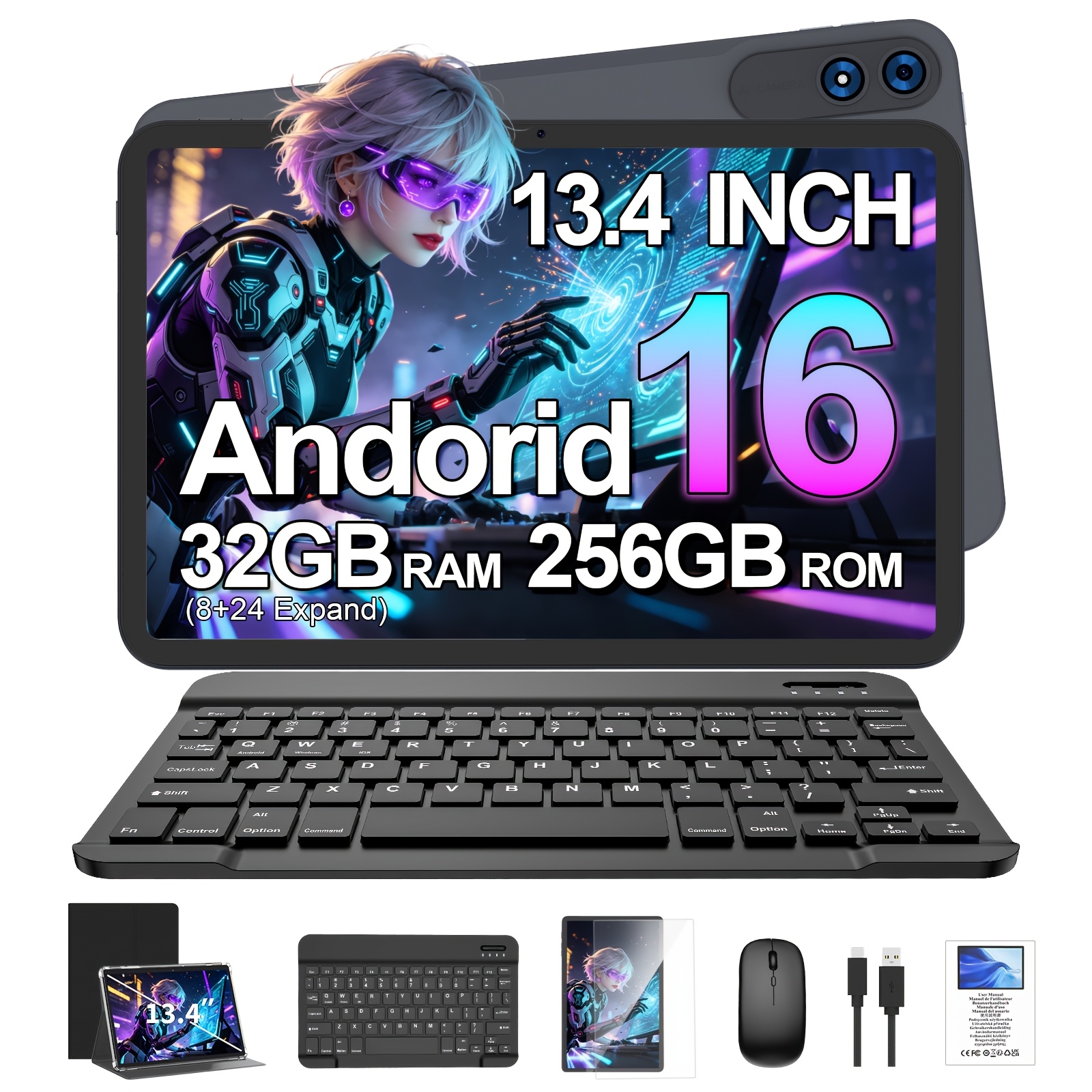 RELNDOO 13,4-palčni tablični računalnik 16, 32 GB (8 GB + 24 GB) RAM, 256 GB ROM, T615 CPU, osemjedrni, tablica s tipkovnico, brezžična miš