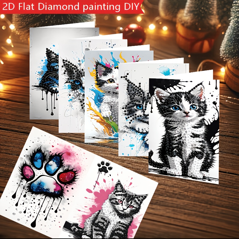 TEMU Set van 6 stuks 2D-geprinte doe-het-zelf diamant schilderij wenskaarten met kattenthema