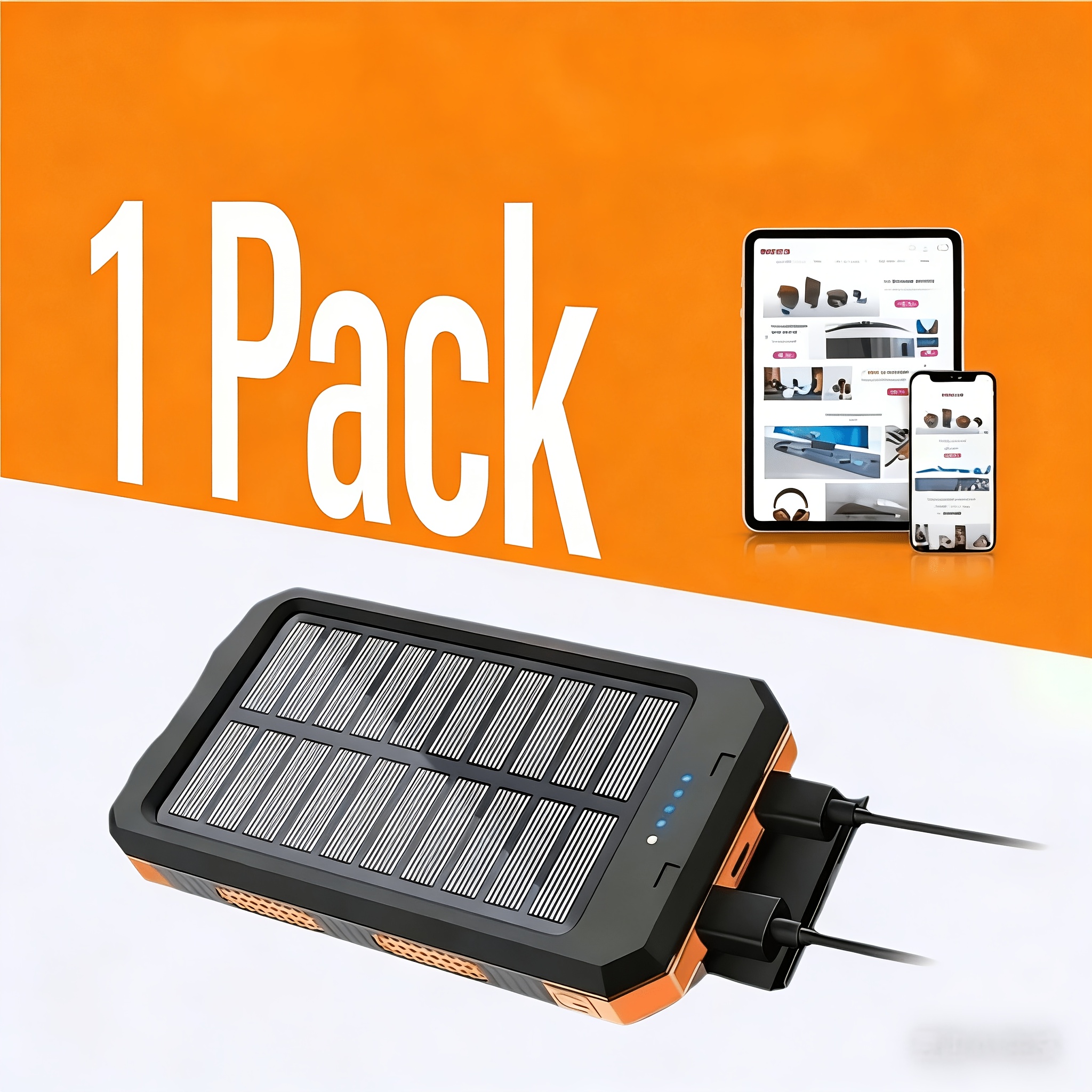 TEMU 2 Pack/1 Pack Solar Power Bank Portable Charger 20000, Camping External Battery Charger For Mobile Phones, 2 Usb Ports & Led Flashlight With