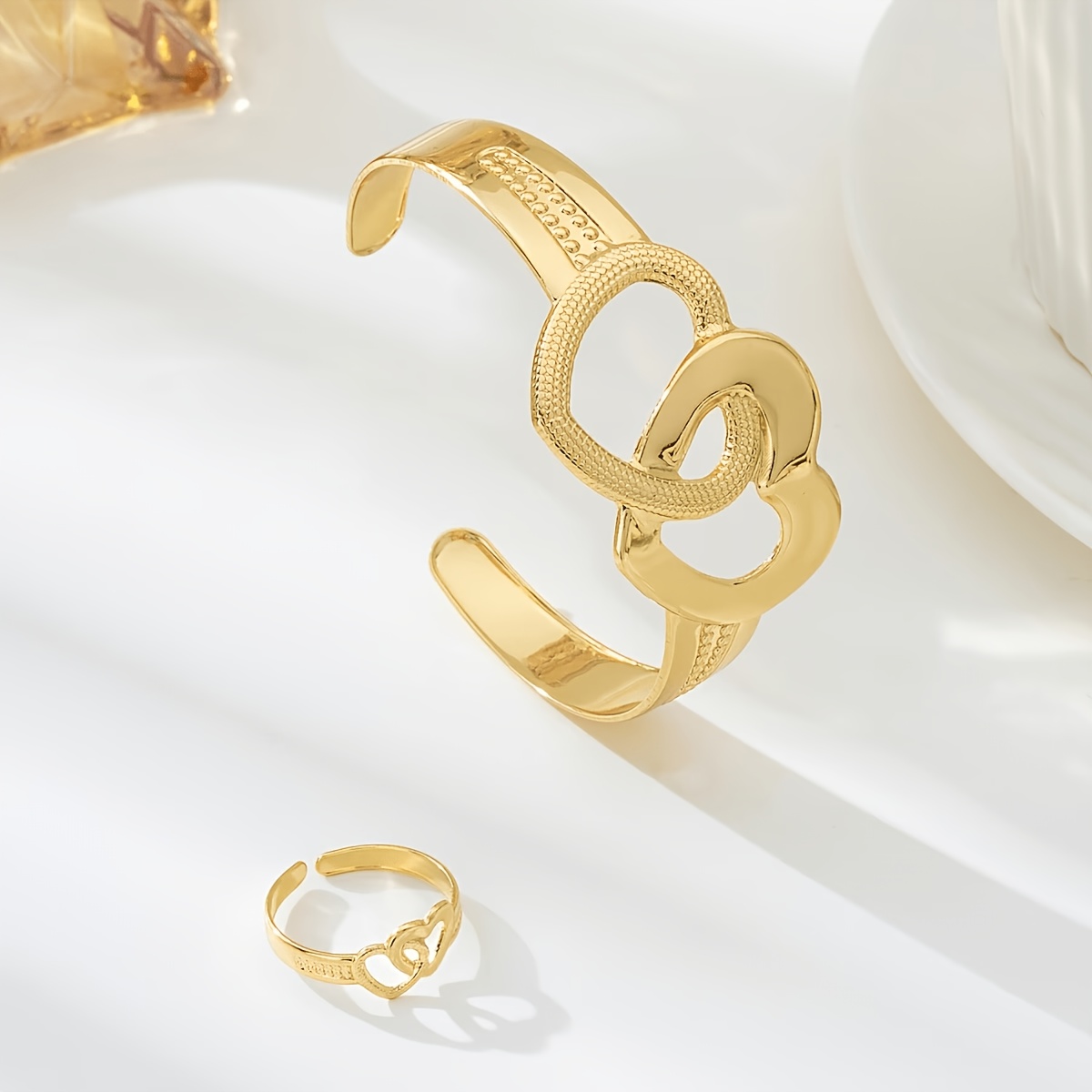 2pcs Bohemian Adjustable Openwork Heart Bangle Bracelet & Ring Set