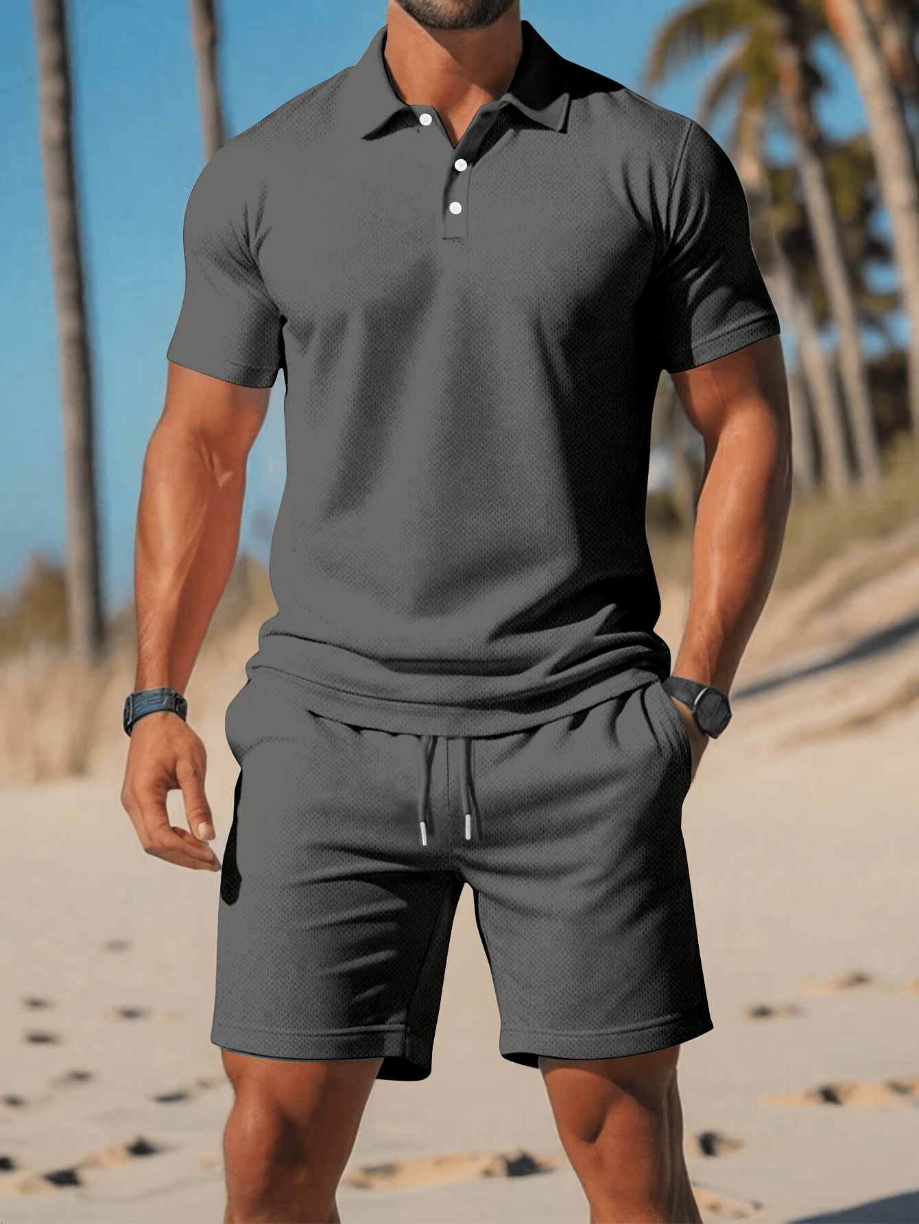 Men's Solid Color Short Sleeve Shirt with Drawstring Shorts Set - Summer Business Casual T-Shirt and Shorts Outfit for Everyday Leisure Wear