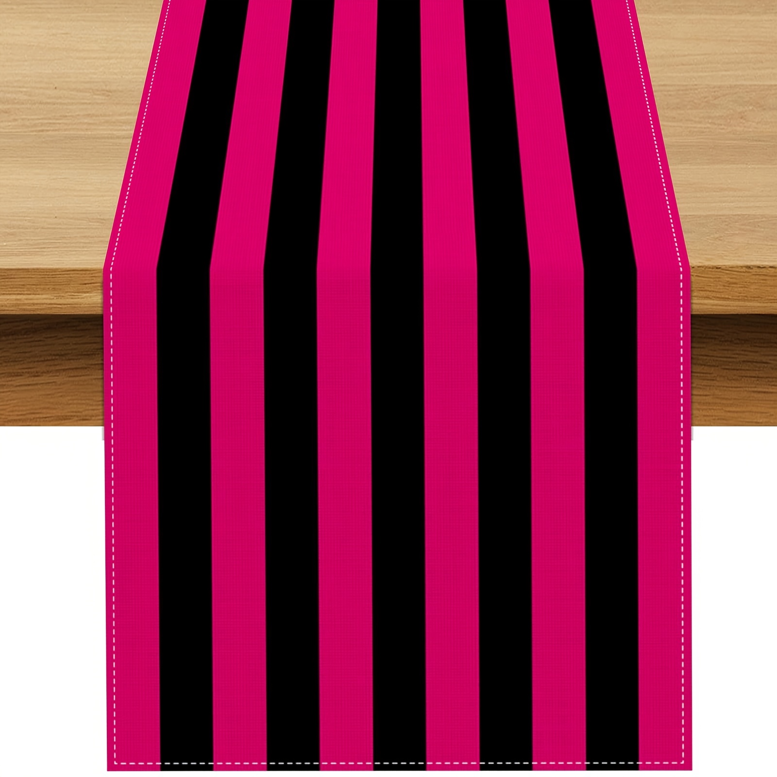 TEMU 1pc, Hot Pink And Black Striped Table Runner Wedding Bachelorette Birthday Party Decoration Dining Room Home Kitchen Island Decor13 X 36, 13 X