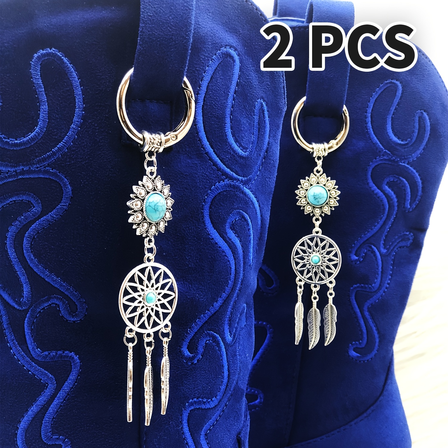 TEMU 2pcs Turquoise-inspired Bead And Feather Shoe Charm – Boho Style Boot Accessory For Women And Men – Unique Ethnic-inspired Decoration For