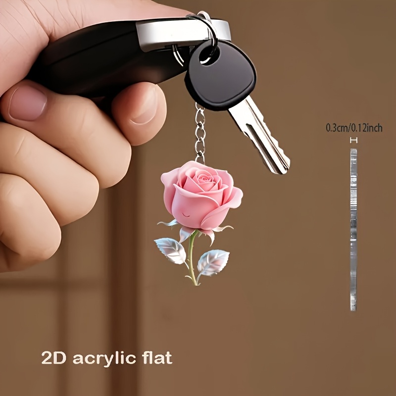 TEMU 2d Flat 2d Flat, 1pc Cute Pink Rose Keychain - 2d Flat Acrylic Flower Pendant With Green Leaves And Similar Decorations, Durable Iron Chain,