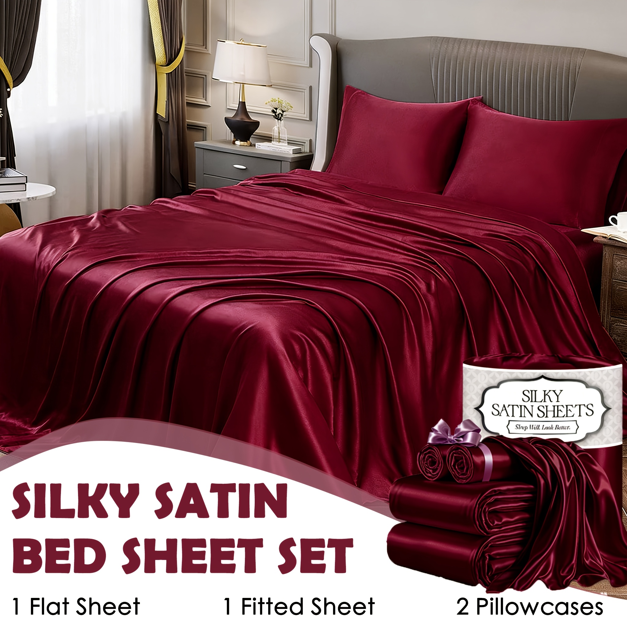 TEMU Set Of 4 Satin Bed Sheets - Luxurious Satin Silk - Exceptionally Soft Bed Sheet Set With Deep Pockets - Includes 1 Fitted Sheet, 1 Flat Sheet,