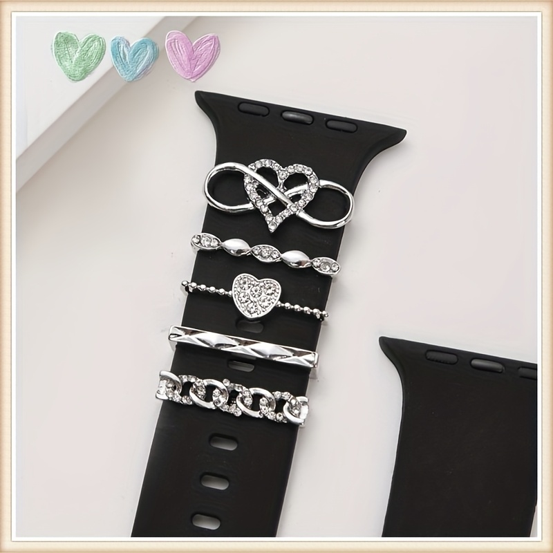 Image of 5pcs Of Heart-shaped Rhinestone Decorative Watch Strap Pendant, Compatible With Iwatch Strap 38/40/41/42/44/45/49mm Series Watch Strap, Watch Strap Decoration (not Including Watch Strap)