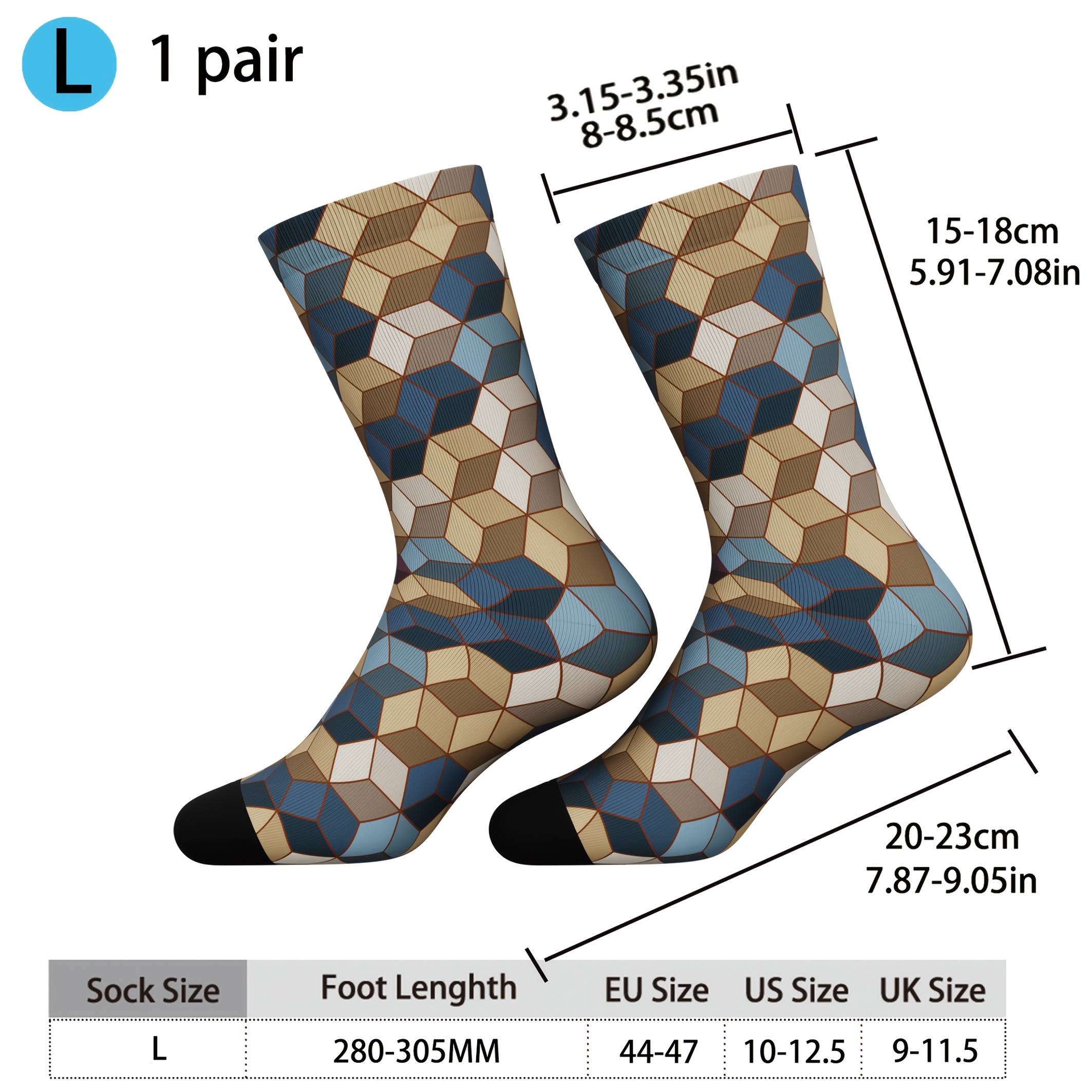 E-shop 1 Paar wadenhohe Socken mit dreidimensionalem Würfel-Druck, für alle Jahreszeiten geeignet. Hoch elastisch, bequem, weich, hautfreundlich,