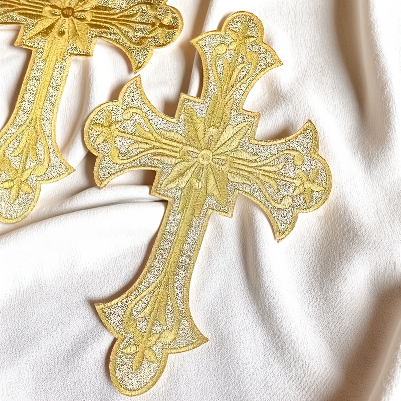 a shiny golden metallic lace ribbon patch an iron on clothing patch multi colored cross patch for embroidery fabric patches suitable for bridal jewelry crafts and projects