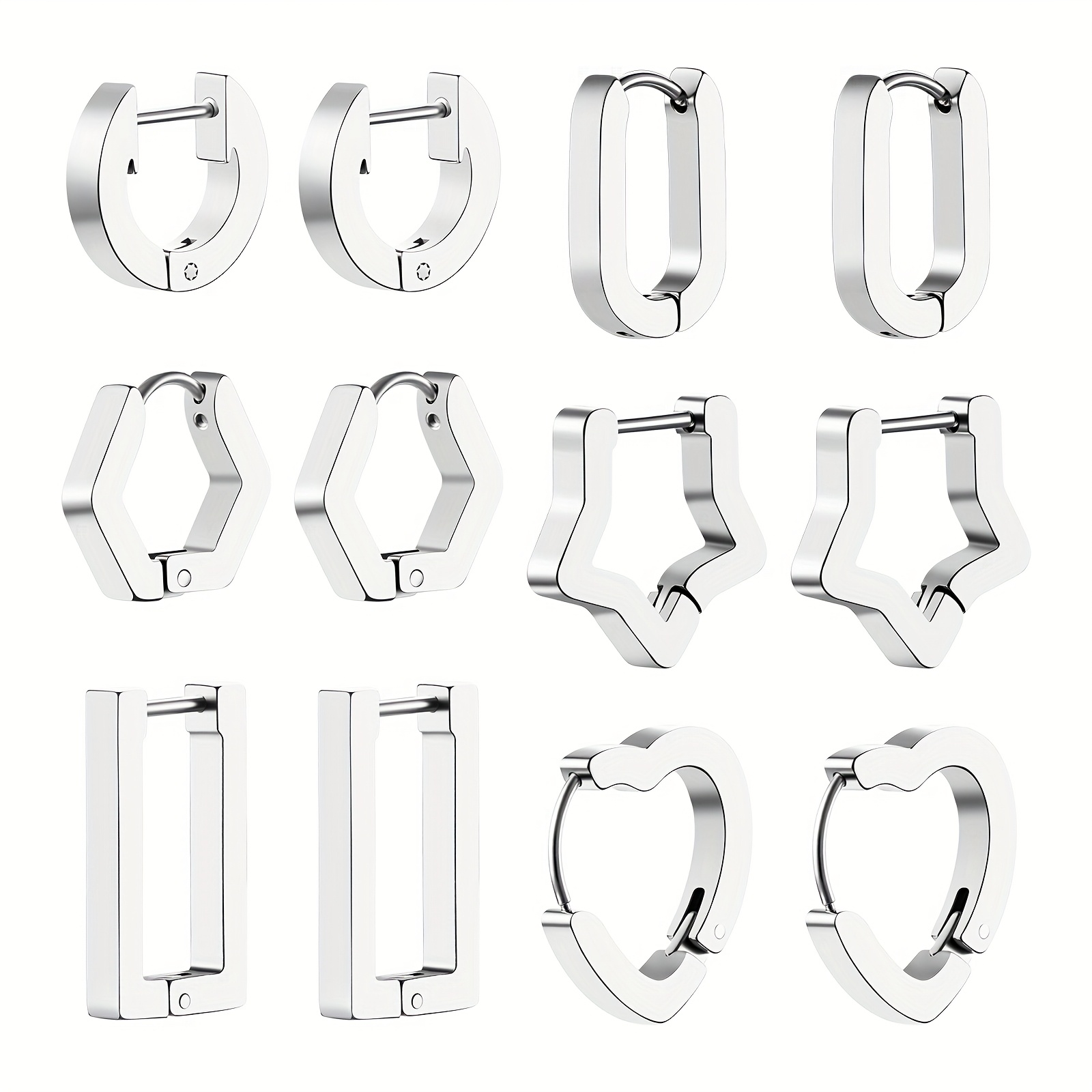 Image of Set Of 6 Pairs Of Hoop Earrings: Women' Earrings, Heart-shaped Hoop Earrings, Star Earrings, Stainless Steel Hypoallergenic Hoop Earrings, Black Rectangular Earrings