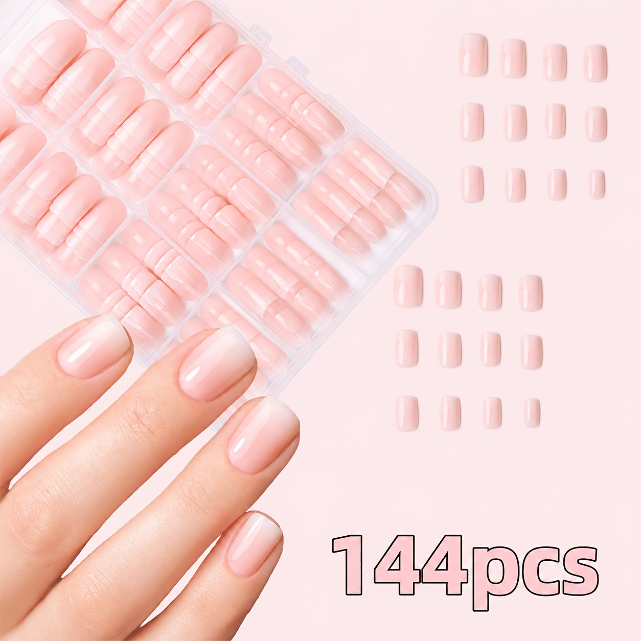 Image of 144pcs Short Square Pink And White Ombre Press-on Nails, 12-size Fake Nail Set, Simple And Versatile Style, Easy To Apply, The Designed For Women's