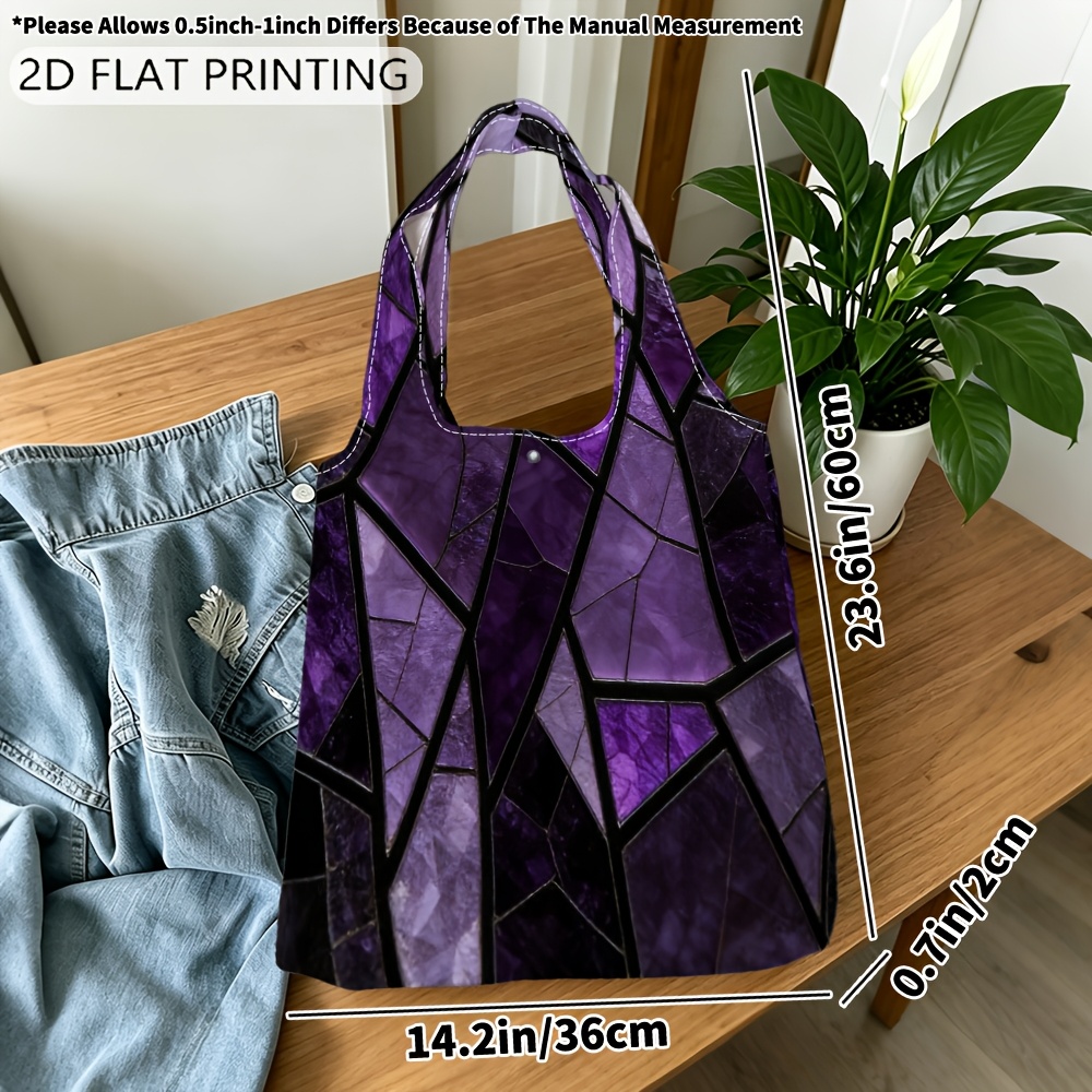 TEMU 1pc Tote Bag, Geometric Purple Mosaic Aesthetic Handbag, Reusable Shopping Bag For Beach, Grocery, School & Work, 2d Printed