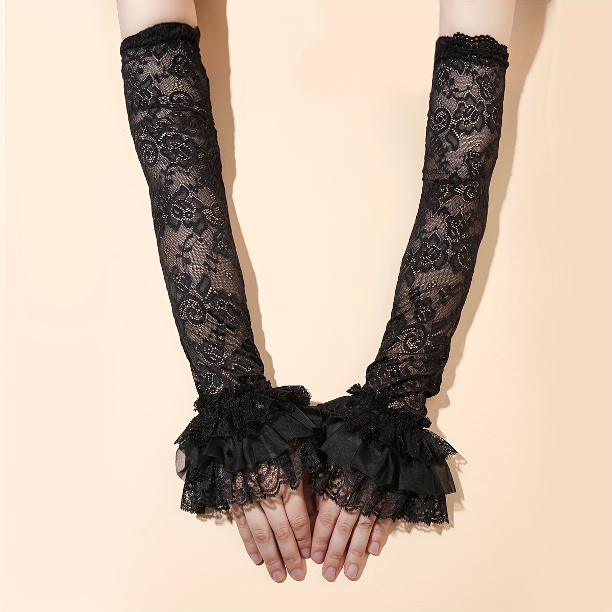 TEMU 1 Pair, Lace Gloves With Floral Edging, Ins-style Summer Hollow-out Solid Color Y2k Sweet Arm Sleeves, Suitable For Weddings, Birthdays,