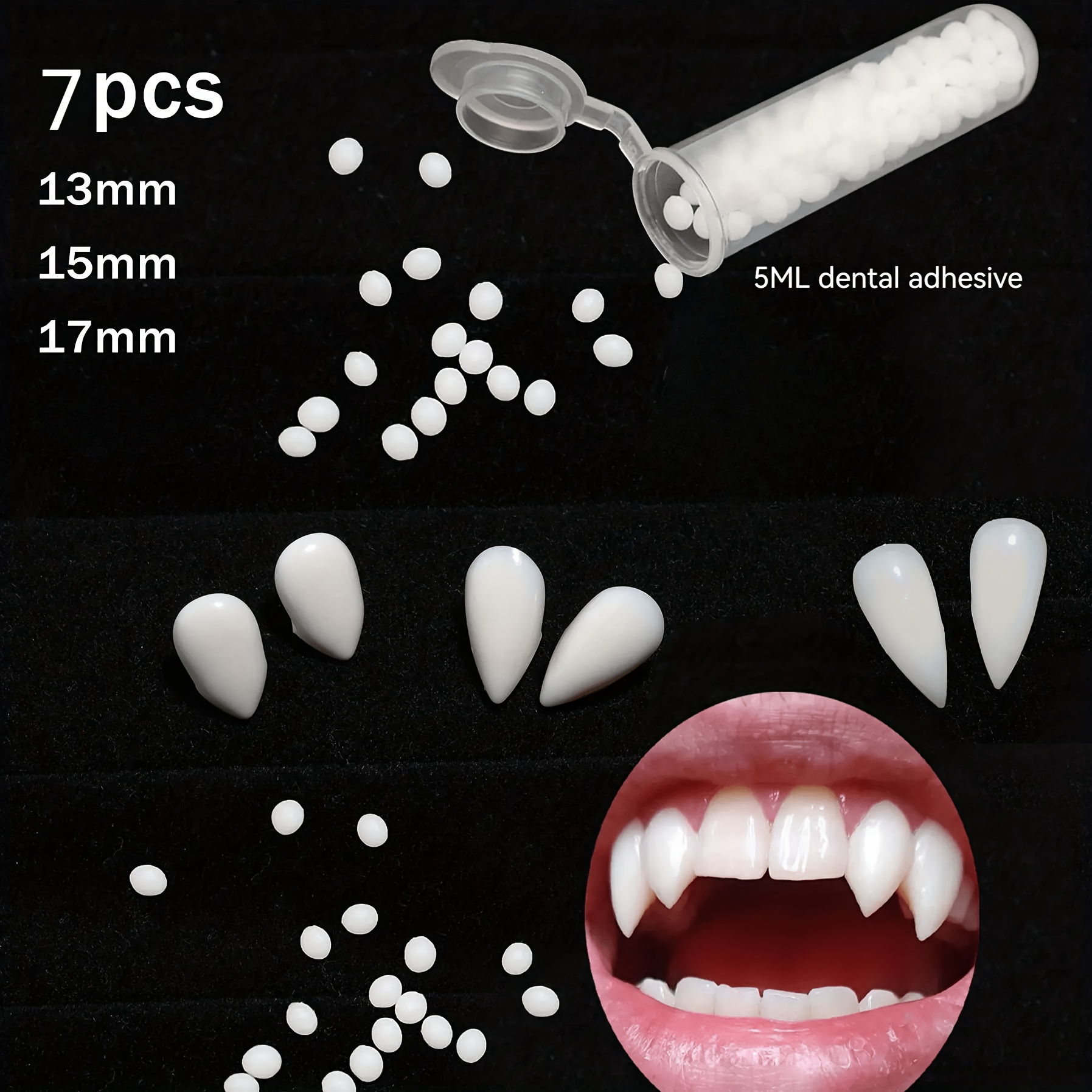 Image of Set Includes (2 Large Fangs And 2 Small Fangs And Auxiliary Materials) Halloween Fangs - Realistic And White Resin Fangs, Suitable For Halloween Costumes