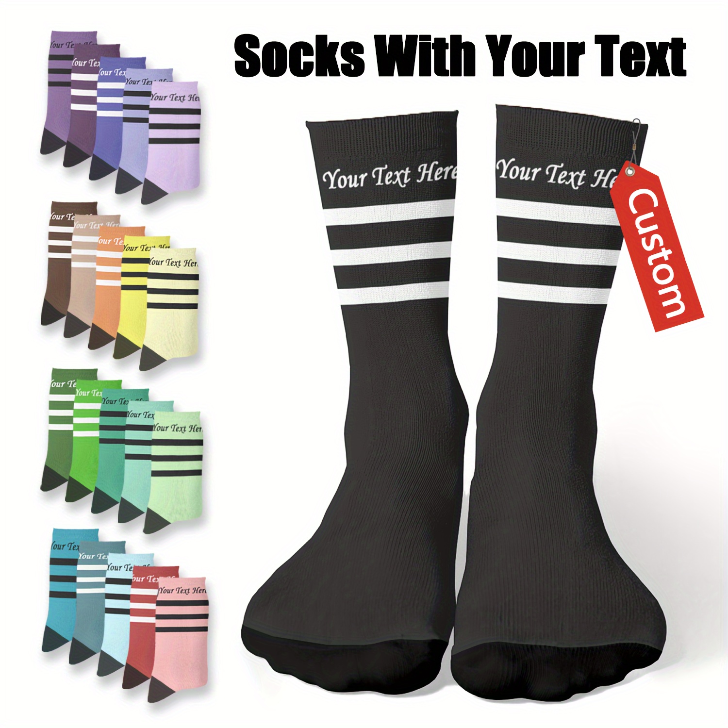 

[popular ] 1 Pair Custom Men's Crew Socks - Personalize With Your Text, Fun Striped Design, Polyester, Machine Washable - Ideal Gift For Him, In Multiple Colors, Cute Socks