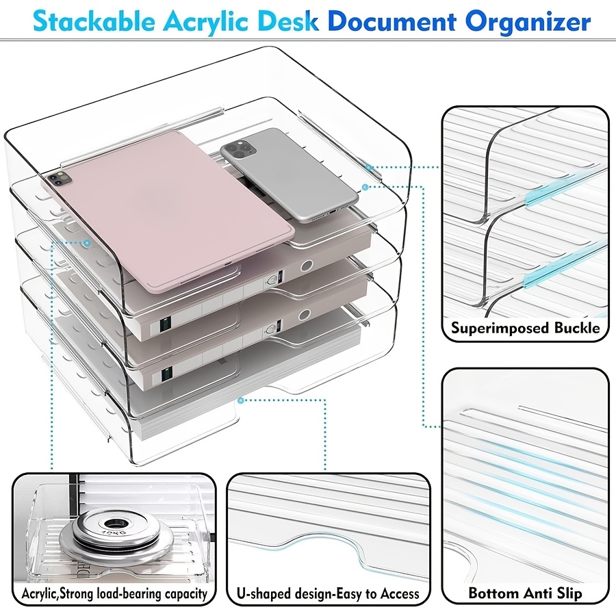 E-shop 4er-Set Akten- Papier-Organizer, Briefablagen aus Acryl, stapelbare A4-Aktenschoner, transparente Ablageboxen für den Schreibtisch, ordentliche