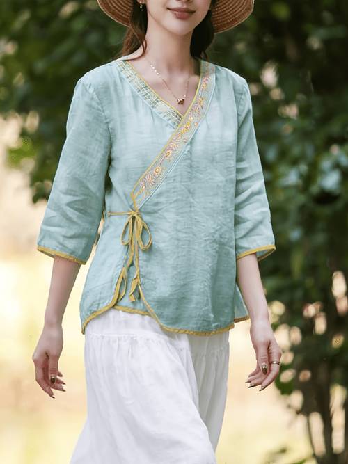 immagine dell'articolo top casual ed elegante, camicia da donna, outfit per la laurea , camicia con ricamata a retrò in lino stile , da tè con scollo a v, top a maniche corte, versatile per tè e uscite